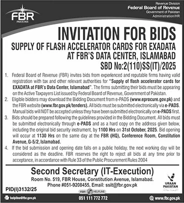 Federal Board of Revenue Islamabad Tender Notice